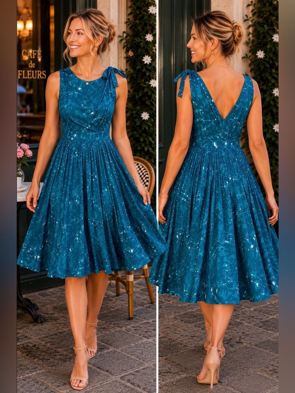kate spade Teal Blue Printed Fit-and-Flare Midi Dress